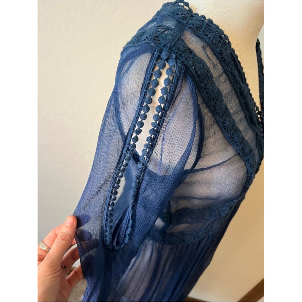 Sundance Time After Time Blue Sheer Crochet Boho Dress Above Knee with Slip 6 - Picture 4 of 10